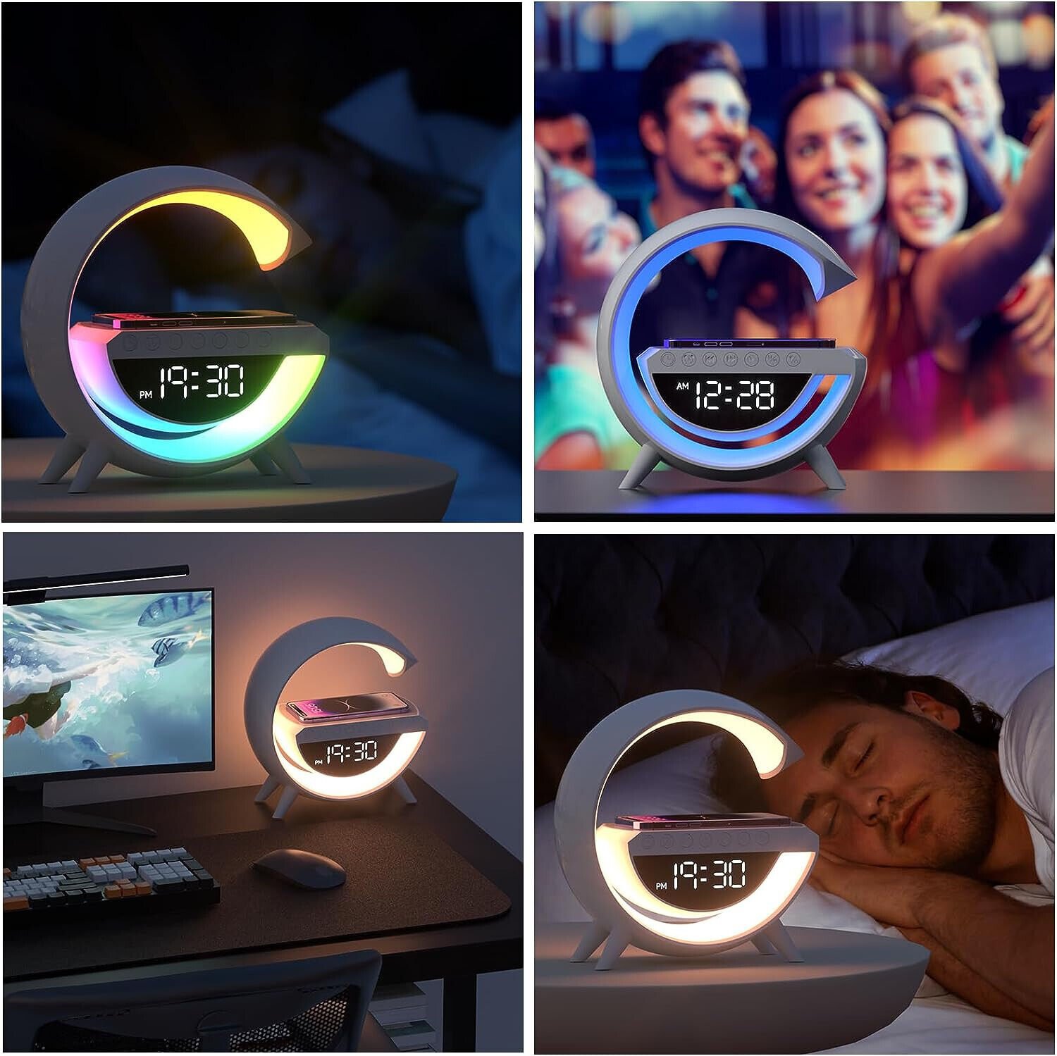 LAMPADA DA TAVOLO OROLOGIO SVEGLIA CARICABATTERIE WIRELESS RGB RADIO LED - immagine 2