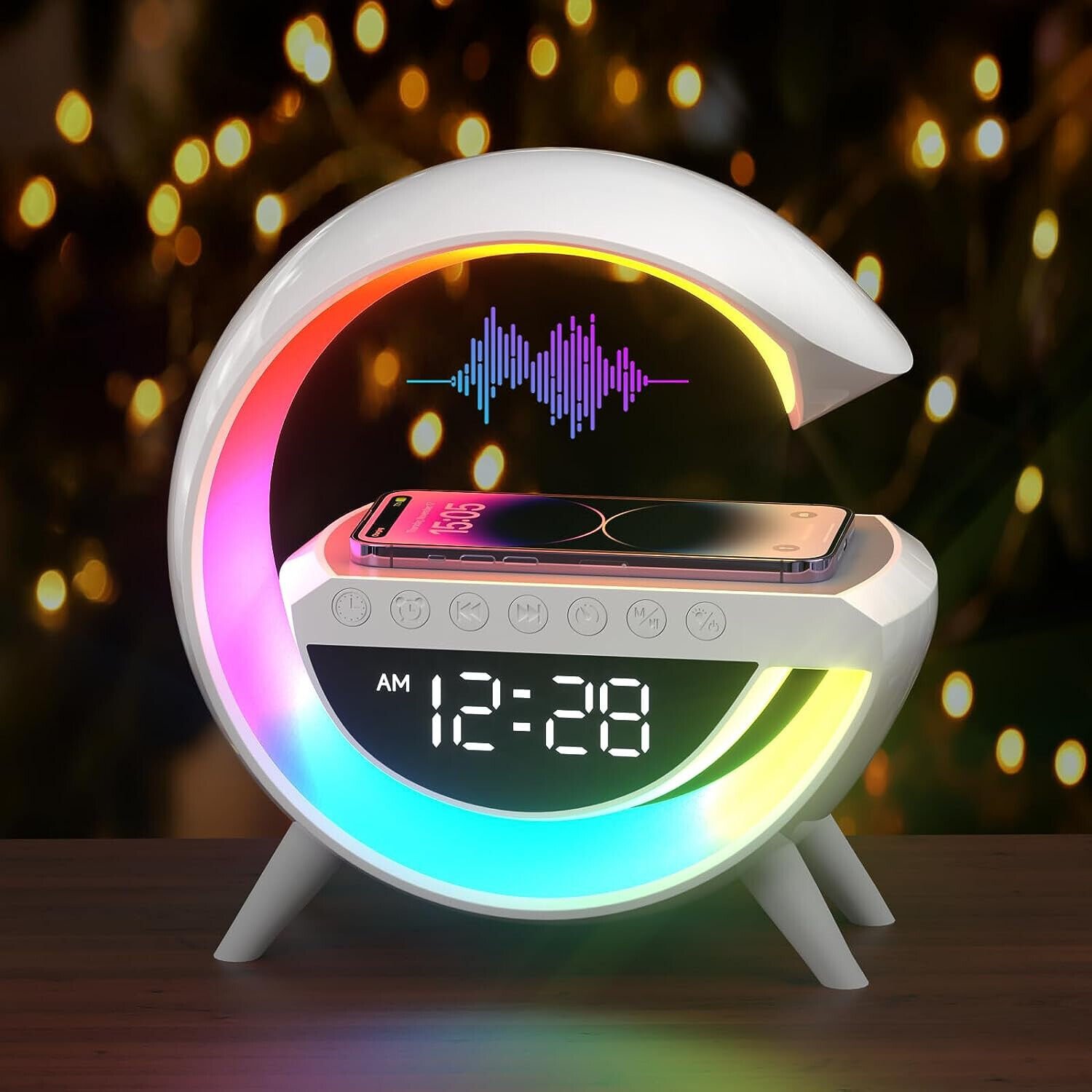 LAMPADA DA TAVOLO OROLOGIO SVEGLIA CARICABATTERIE WIRELESS RGB RADIO LED